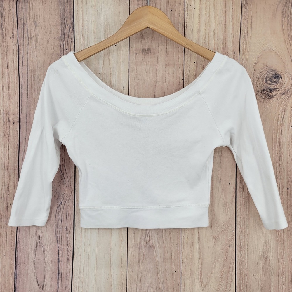 Brandy Melville Crop Top Women One Size White Scoop Neck 3/4 Sleeve Cotton Y2K